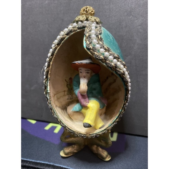 Vintage Egg Diorama with stand. Handmade Painted Asian Man Gold Fish Legs C2